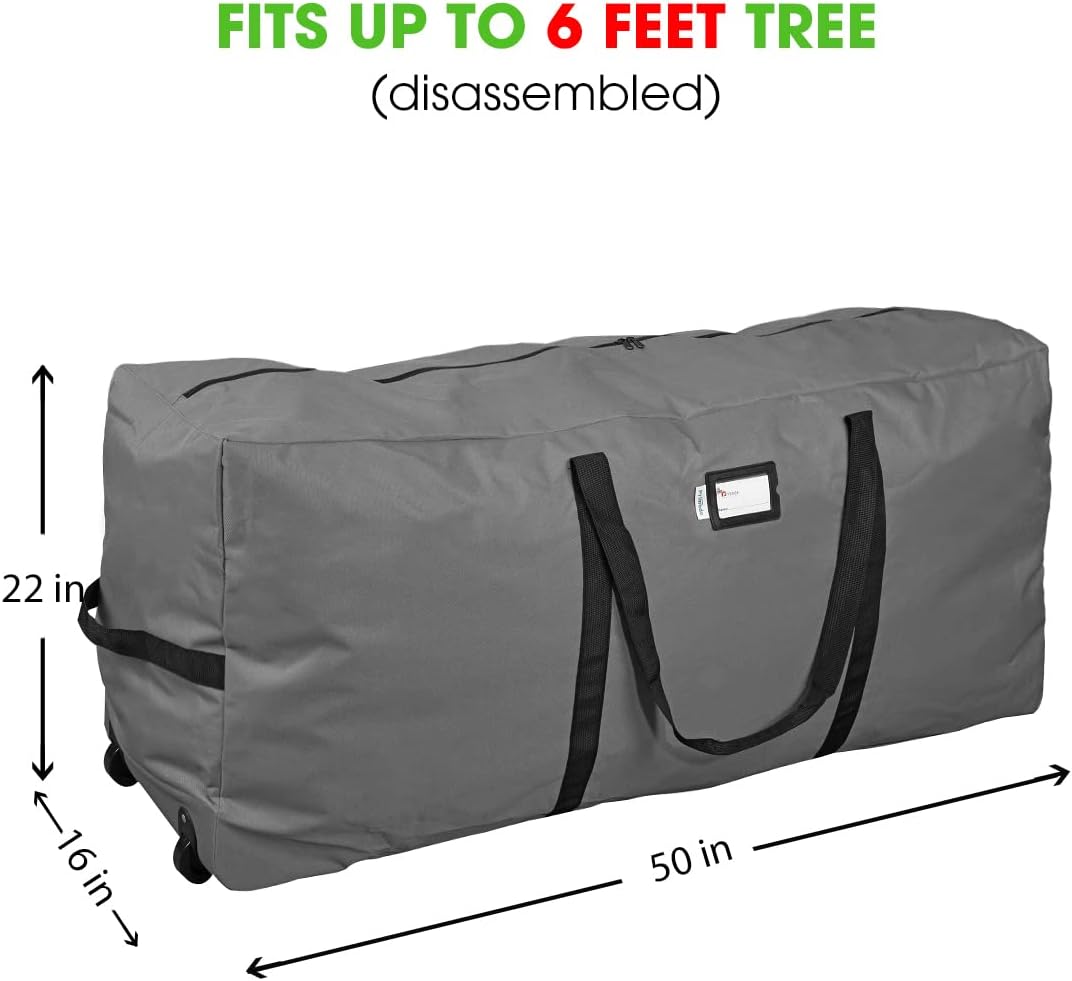 Primode Rolling Tree Storage Bag - Heavy Duty Container with Wheels | Fits Up to 7.5 Ft Holiday Tree, Gray