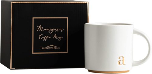 Collective Home Monogram Ceramic Mugs - 15 oz Elegant Initial Coffee Cups | Personalized Gift Box
