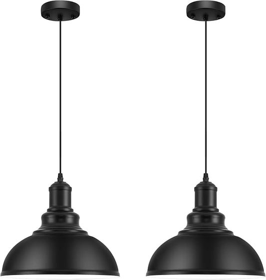 2PCS Matte Black Pendant Lights, Farmhouse Pendant Lamp with Metal Shade (White Inside), Industrial Pendant Lighting for Kitchen Island, Dining Room, Bedroom, Hallway