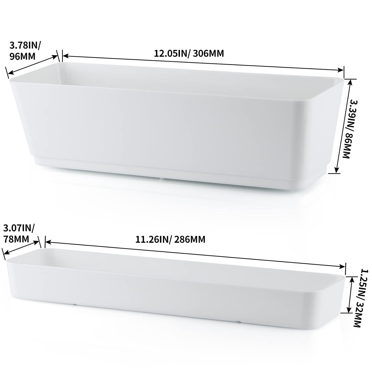 Skelang 3 Pcs Rectangular Plant Pot, 12" Flower Planter Box, Windowsill Container for Succulent, Herb, Vegetable (White)