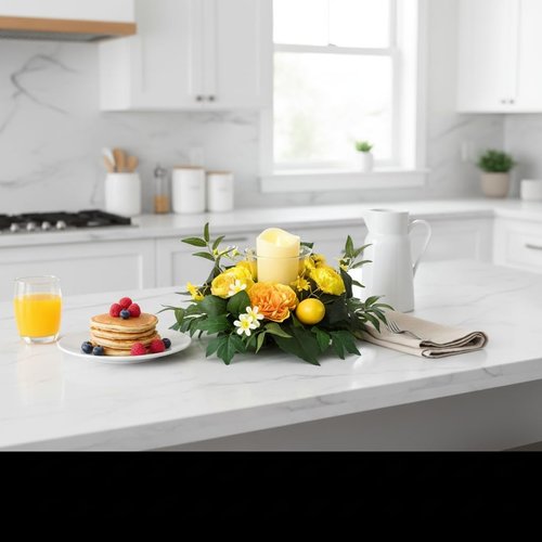 17 Inch Lemon Floral Centerpiece | Skiennix Glass Hurricane Candle Holder & Yellow Peony Wreath for Dining Table Decor