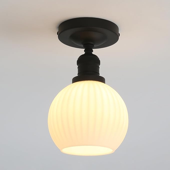 Industrial Globe Semi Flush Mount Pendant Ceiling Light with White Glass Lampshade, Vintage Close to Ceiling Light Fixture for Porch, Hallway, Entryway, Kitchen, Bedroom, Hotel
