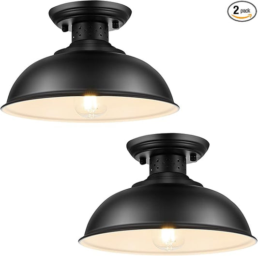 2PCS Semi Flush Mount Ceiling Light, Industrial Close to Ceiling Lighting Fixtures, Rustic Vintage Metal Black Ceiling Lamp for Kitchen Island Bedroom Hallway Farmhouse, 13in