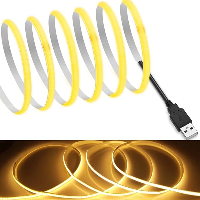 MDee】USB COB Tape Light LED Strip.13.12ft/4m- Flexible 5mm Hidden DC 5V LED Tape with 320 LEDs/m for Warm (2700K) Lighting. Cuttable, Shapeable, USB Powered. Ideal for Kitchen