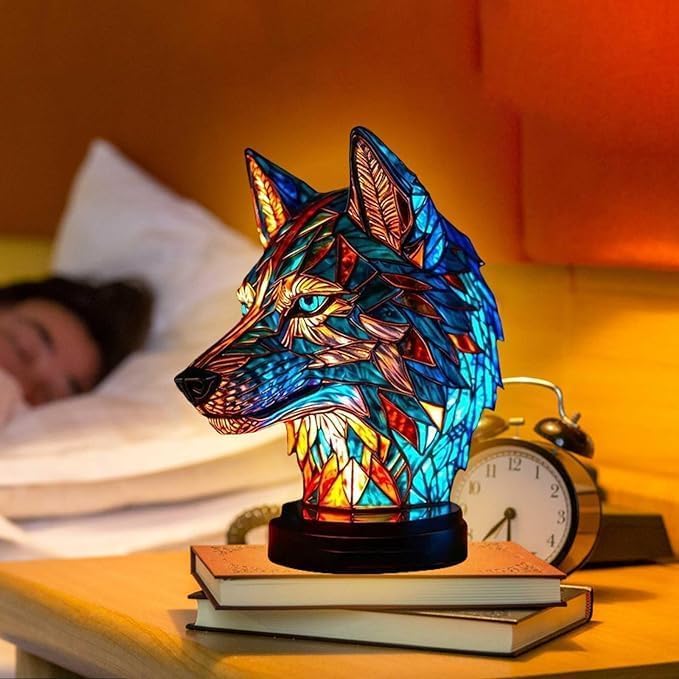 Mmoneyake Animal Table Lamp Series, Retro Stained Animal Table Lamp, Creative Stained Owl/Cat/Wolf/Turtle/Rooster/Horse Night Light for Home Decoration
