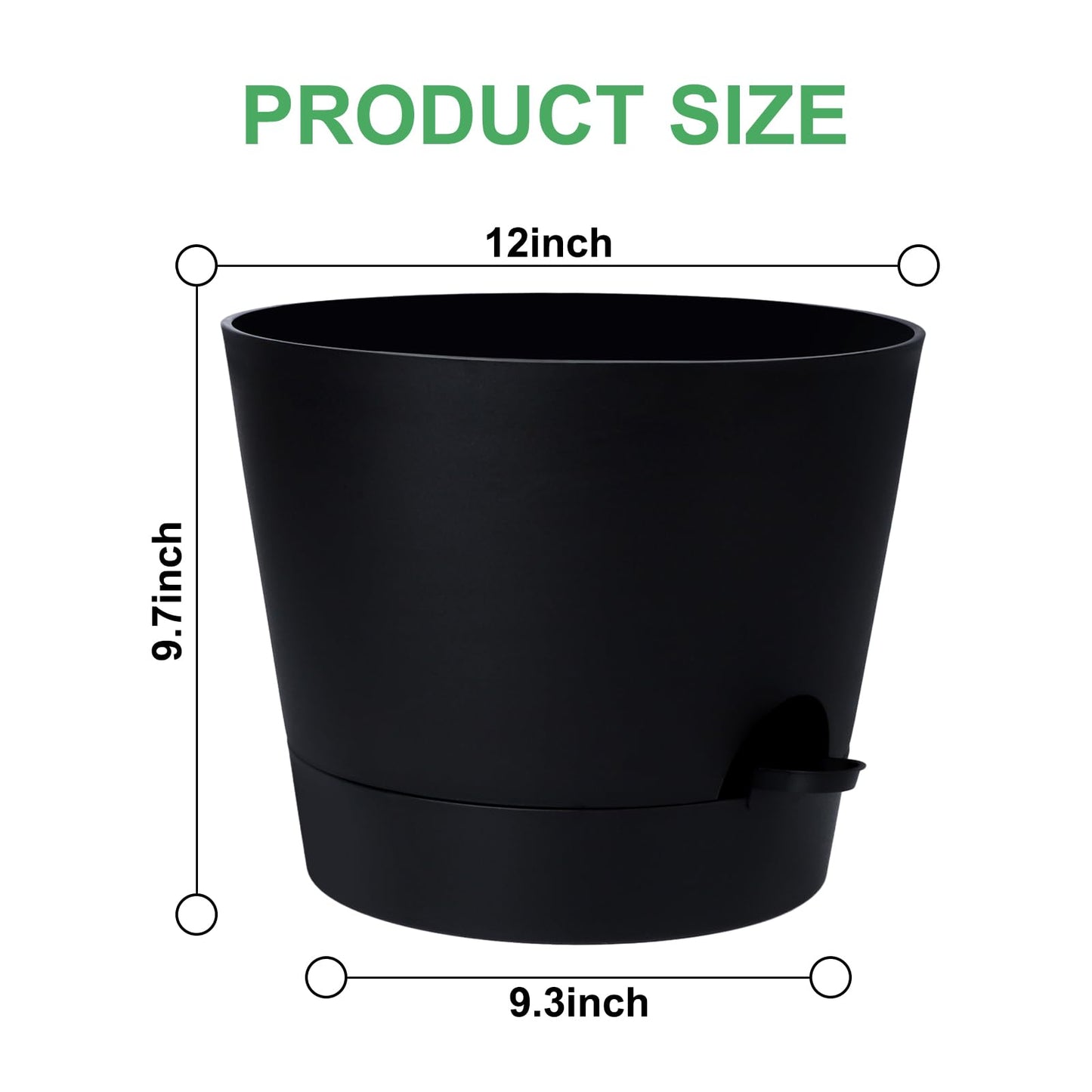 YNNICO 12 Inches Indoor Self Watering Planters with Drainage Holes and Saucers, 4 Pack (Black)