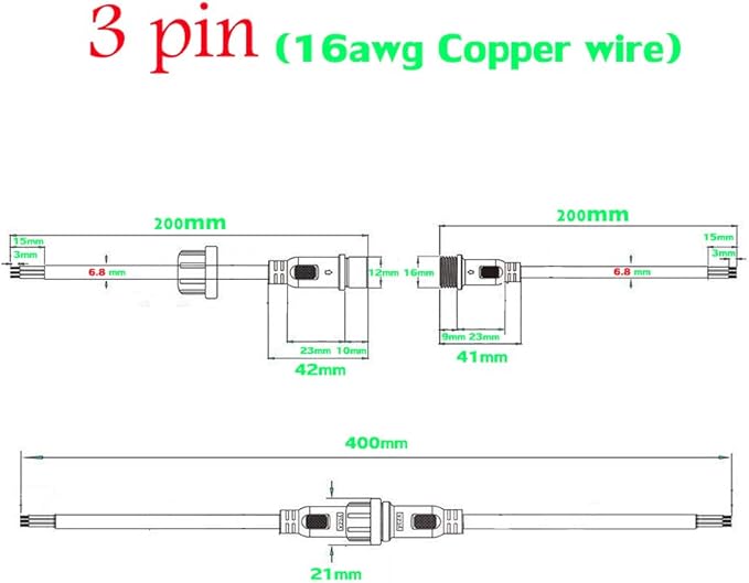 3 Wire Waterproof LED Connector, 16AWG Male Female Plug with IP65 Waterproof Wire Connectors, 20CM Extension Cable for Car LED Strip Lights