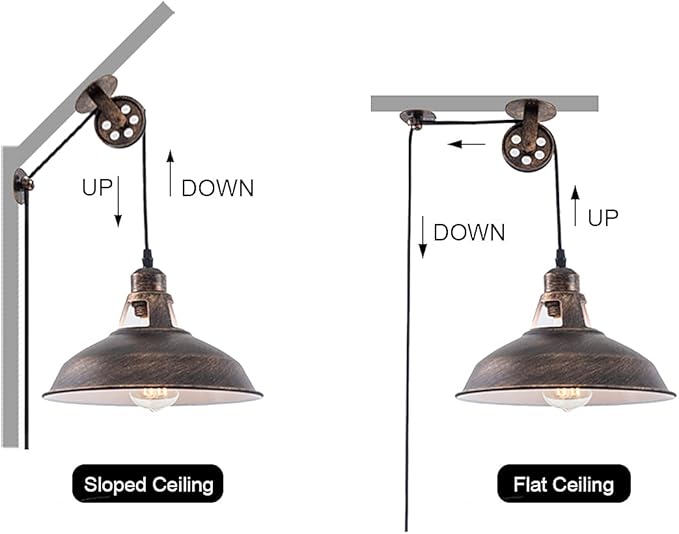 Plug in Pendant Light Industrial Pulley Pendant Lamp E26 Vintage Hanging Light Fixture With 16.4ft Cord On/Off Switch For Pool Table,Houseplant Grow lights,Kitchen Island,Sink 2 Pack Aged Bronze