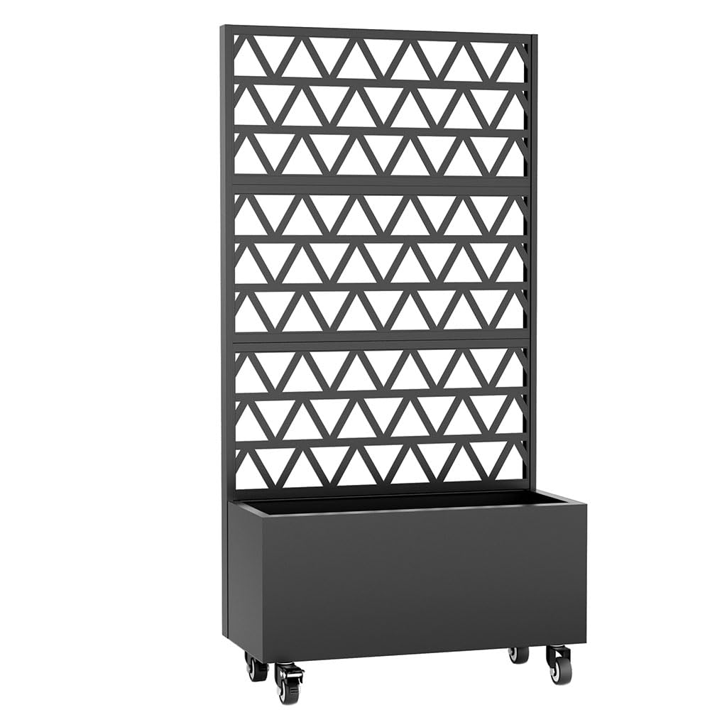 Metal Planter Box with Trellis and Wheels, 72" Raised Garden Bed with Drainage Holes, Privacy Screen, Lockable Casters, Galvanized Carbon Steel Planter for Climbing Plants, Vines, Vegetables, Flowers