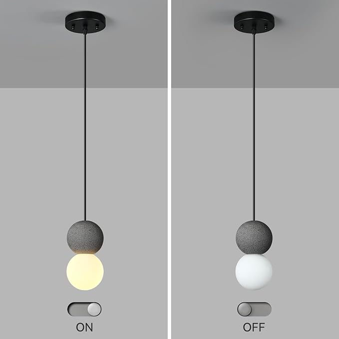 Modern Black 1-Light Concrete Pendant Light Kitchen Island Ceiling Light Fixture White Glass Globe Ball Pendant Lighting for Dining Room Coffee Club Resturant Bar Living Room(1-Pack)