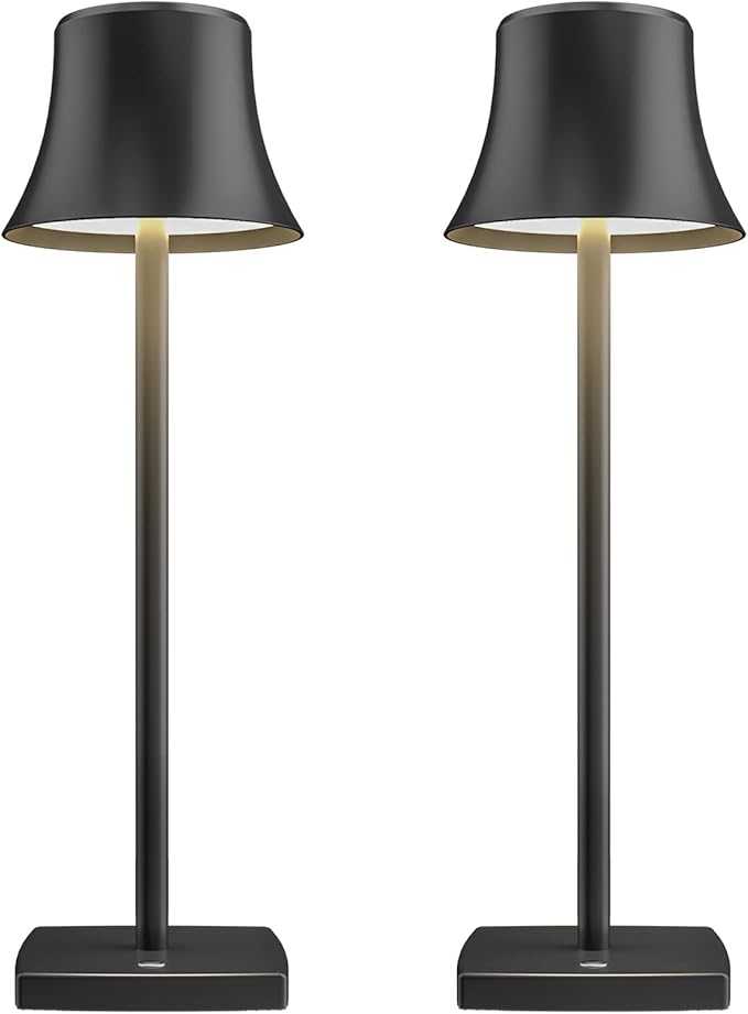 2 Pack LED Cordless Table Lamps Rechargeable,5000mAh Battery Operated Table Light,3 Color Stepless Dimming,Portable Small Desk Lamp in Aluminum for Party Patio Restaurant Indoor/Outdoor(Black)