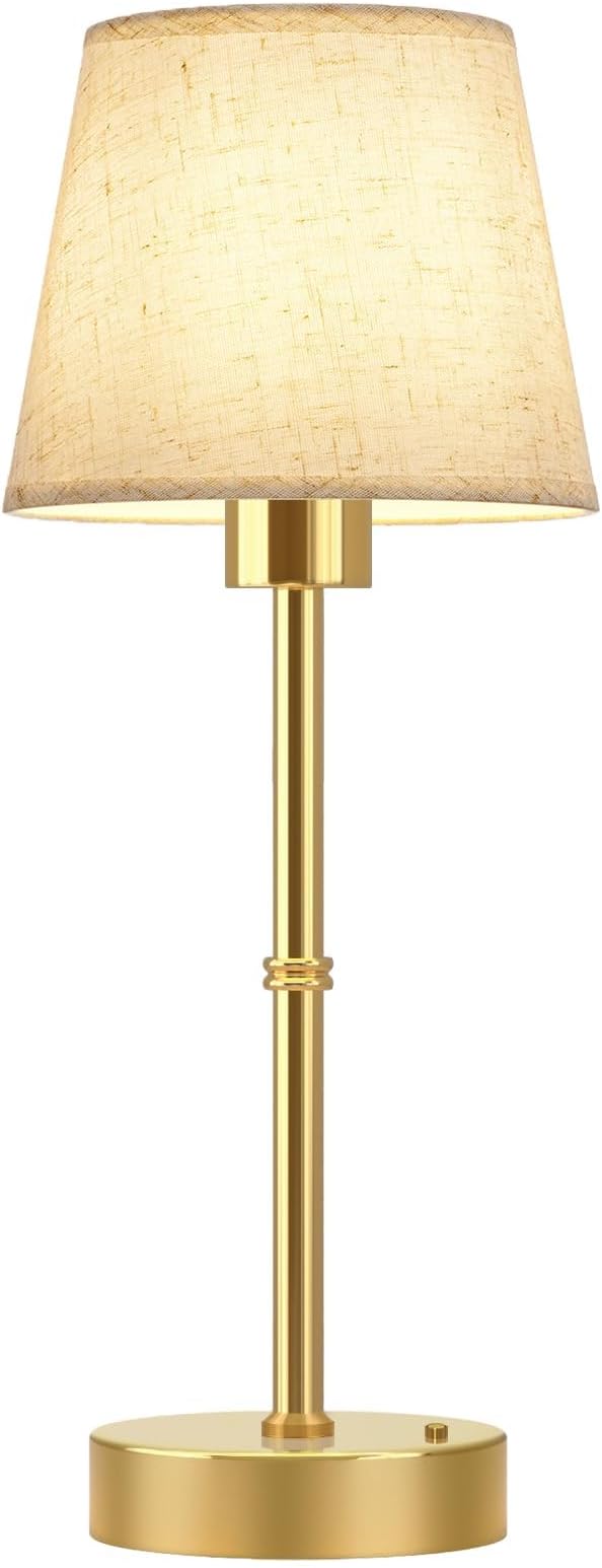FRIDEKO HOME Rechargeable Table Lamp Gold - Cordless Battery Operated Lamp, Fabric Shade Desk Lamp, Wireless Lamp for Decor Bedroom Dining Table Counter (1pcs-Linen-Bulb Included-15.7in)