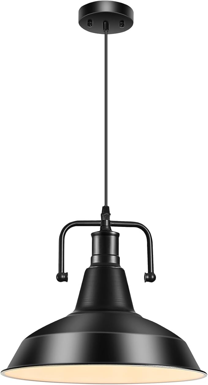 Industrial Farmhouse Pendant Light, 12" Metal Hanging Ceiling Lamp with 5FT Cord for Hallway, Kitchen Island, Sink, Dining Room, Living Room, Bar Counter, Foyer, E26 Socket, Black (Bulb Not Included)