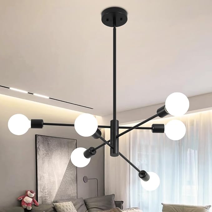 Sputnik Chandelier, Black Modern Industrial Chandeliers 6-Light, Mid Century Ceiling Lighting Fixture for Living Room, Kitchen, Bedroom, Dining Room, Farmhouse