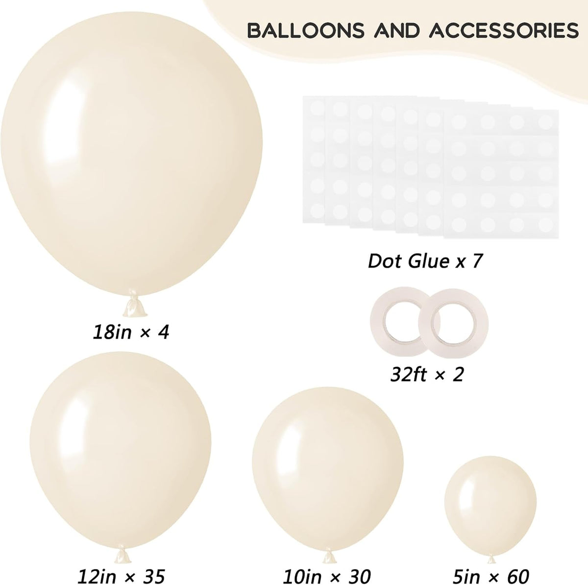 RUBFAC Ivory White Latex Balloons - 129pcs Garland Arch for Birthday, Wedding, Baby Shower | Various Sizes 5-18 Inch