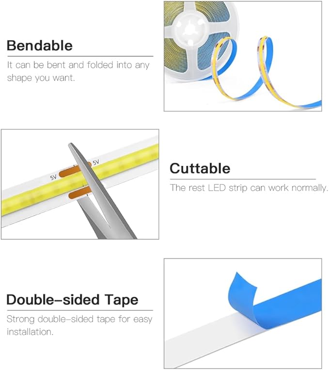 2Pack USB LED Light Strip, 6000K White COB LED Strip Lights, 3.28FT TV Lights Flexible Small Led Lights with Touch Switch Controller White 5V LED Strip Light for TV Backlight Bedroom
