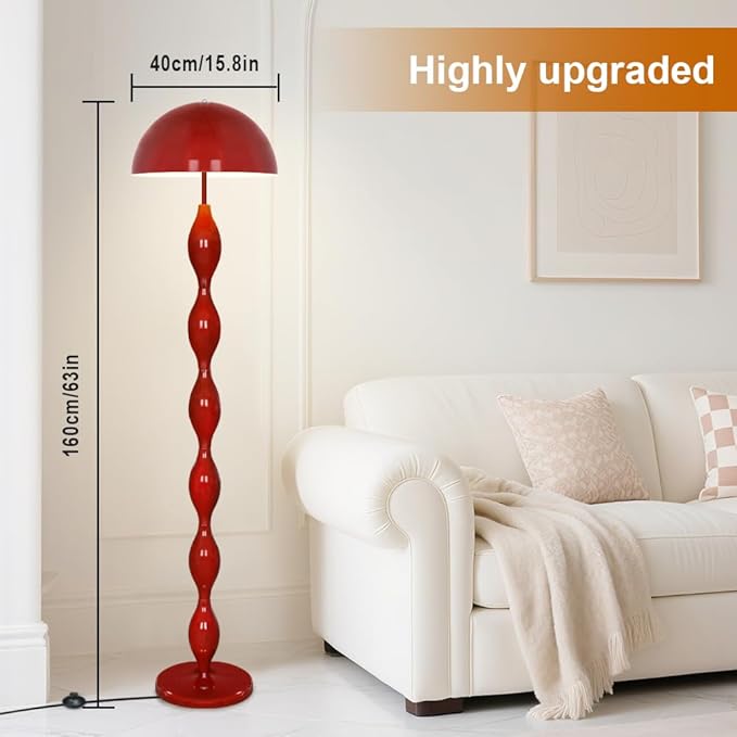 Unique Floor Lamp for Living Room,63" Creative Funky Red LED Mushroom Lamps,3 Colors Standing Light,Mid Century Modern Tall Floor Lamp with Iron Dome Shade for Bedroom,Office,Corner