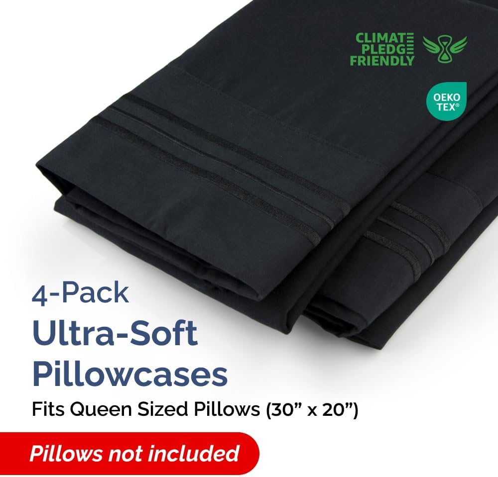 Queen Pillow Cases Set of 4 | Ultra Soft Hotel Quality Covers - Wrinkle Free & Stain Resistant - Black