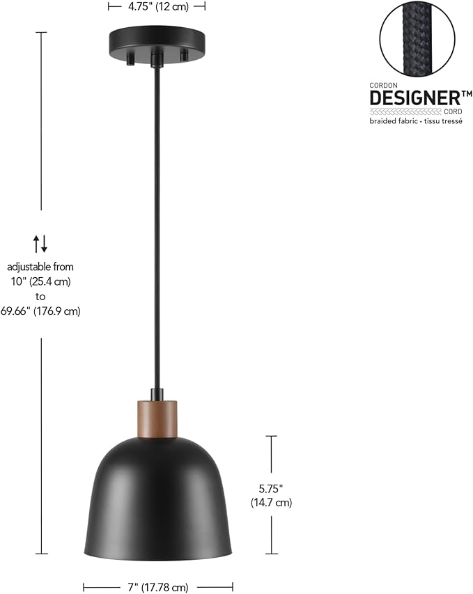 Globe Electric 67000193 1-Light Pendant Lighting, Matte Black, Wood-Toned Accent on Socket, 5ft Black Fabric Cord, Home Improvement, Kitchen, Living Room, Hanging Ceiling Light