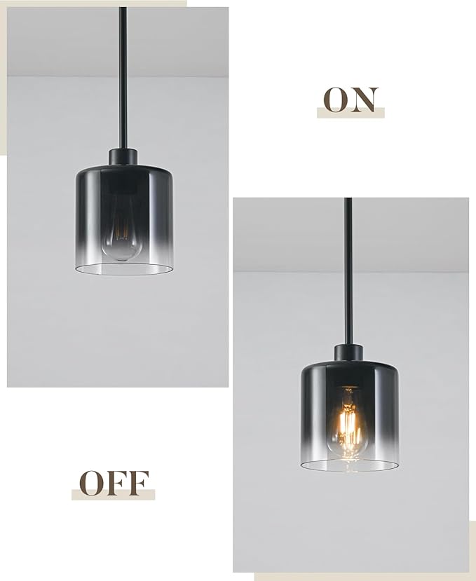 Black Pendant Light Fixtures, Modern Pendant Lights for Kitchen Island with Adjustable Rods, Industrial Glass Pendant Lights for Dining Table Hallway Bedroom Living Room, 1 Pack