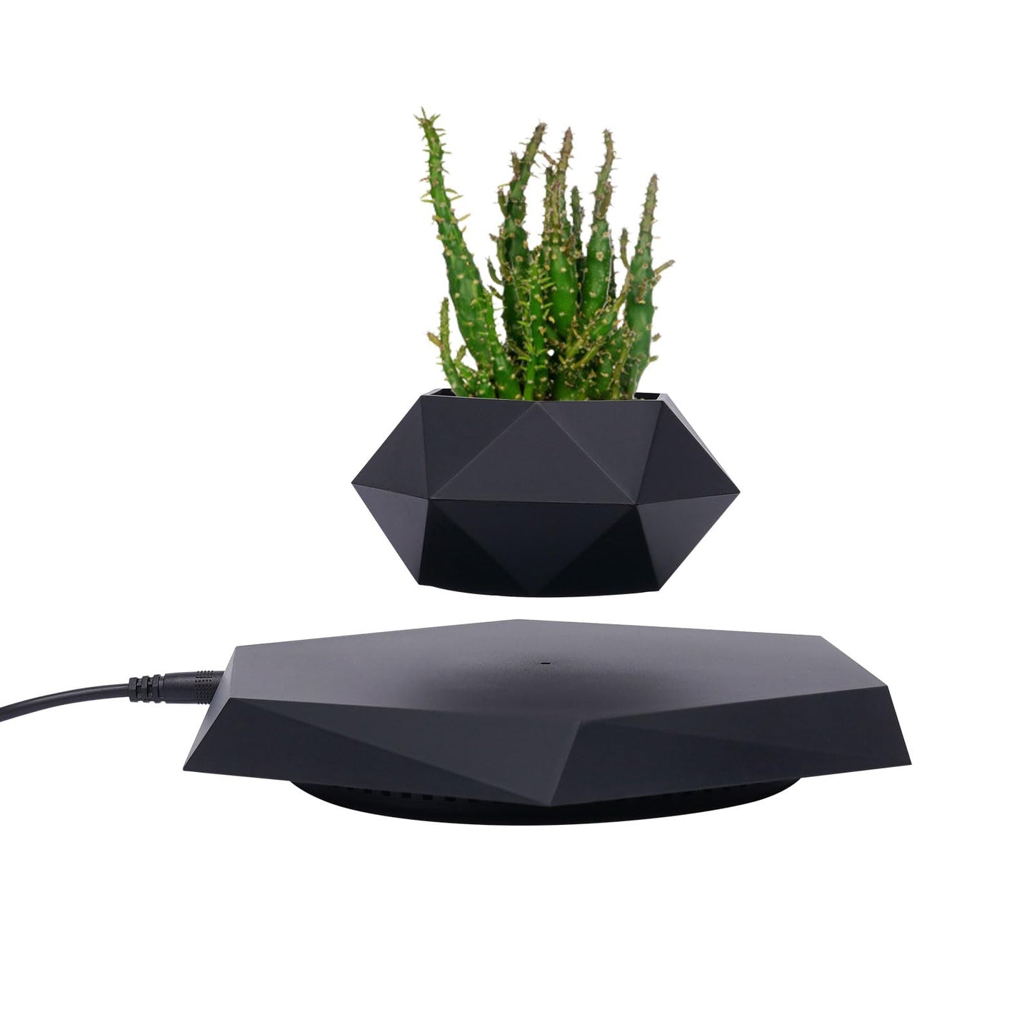 fvscgjmwp Levitating Plant Pot Hexagon Shape for Small Plants, Magnetic Floating Plant Pot 360 Degree Rotation, Black Suspension Flower Pot for Home Office Desk, US Standard Plug, No Plants Included