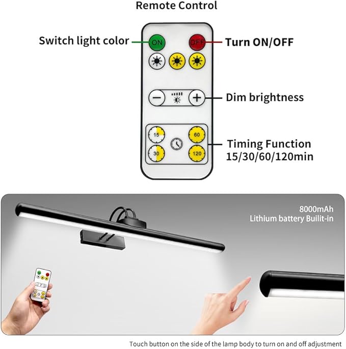 26" Wireless Picture Lights, 8000 mAh Rechargeable Battery Art Display Light with Remote Control, Dimmable/Timer Off Dartboard Light, 3 Lighting Modes Full Metal Painting Lights (Nickel-2 Pack)