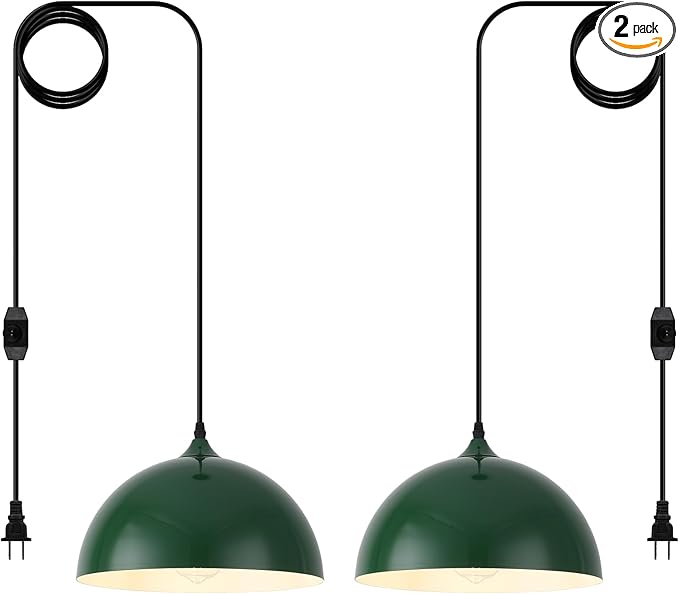 Green Plug in Pendant Light 2 Packs 11.8inch, Farmhouse Pendant Light, Kitchen Pendant Light, Pendant Lights Kitchen Island, Hanging Lights with Plug in Cord for Kitchen 14.7 ft