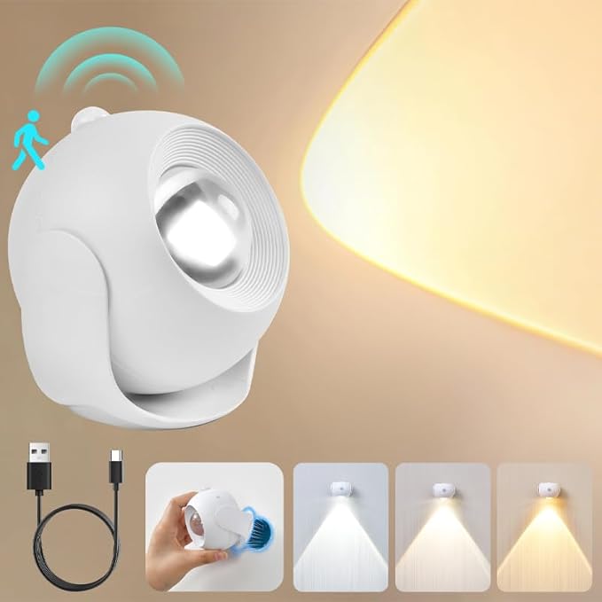 Motion Sensor Wall Light，350° Rotatable Brightness Adjustable Wireless Wall Light, 3 Color Modes Rechargeable Battery Operated Wall Lights for Bedroom, Hallway, Stairs, Closet, Bathroom
