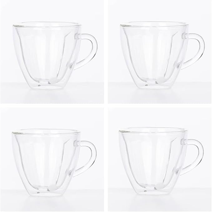 Heart-Shaped Double Wall Glass Coffee Mugs, 6oz/180ml Set of 4, Insulated Espresso Cups with Handles for Espresso, Macchiato, Stylish Coffee Mugs