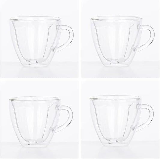 Heart-Shaped Double Wall Glass Coffee Mugs, 6oz/180ml Set of 4, Insulated Espresso Cups with Handles for Espresso, Macchiato, Stylish Coffee Mugs