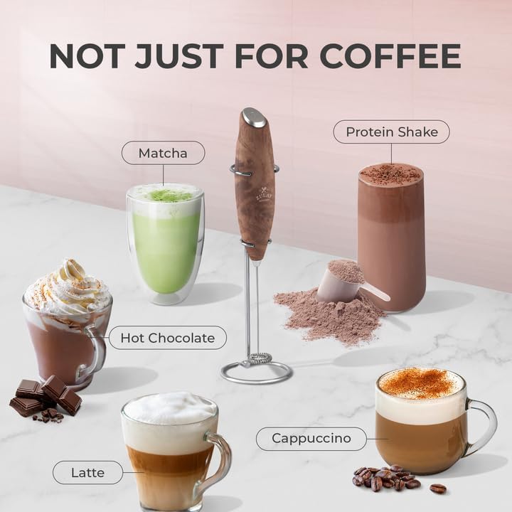 Zulay Kitchen Milk Frother Wand - Ultra-Fast Handheld Drink Mixer with Batteries - Perfect for Coffee, Lattes & Cappuccino - Walnut