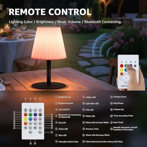 Shower Lamp with Speaker IP44 Waterproof, Rechargeable Cordless Table Lamp RGB Color with Remote, LED Battery Operated Lights for Inside/Outdoor Bathroom Night Light Patio