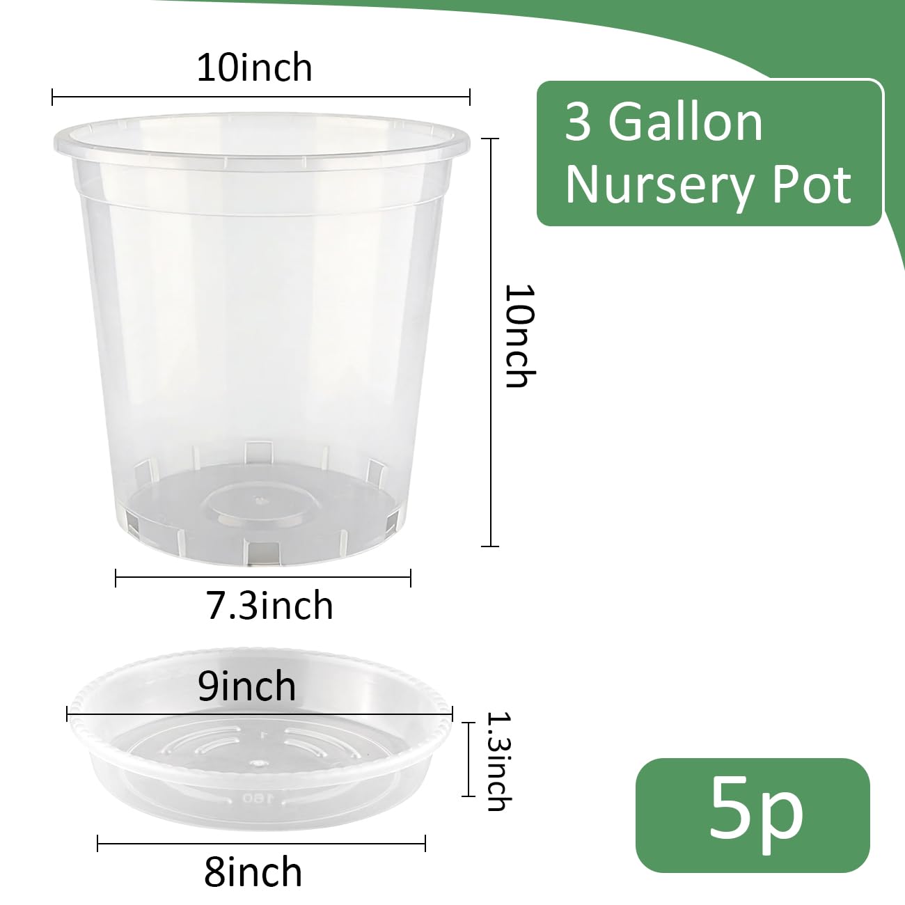 BTPLASTIK 3 Gallon Clear Nursery Pots with Saucers 5P, 10 Inch Round Plastic Plant Pots with Drainage Holes