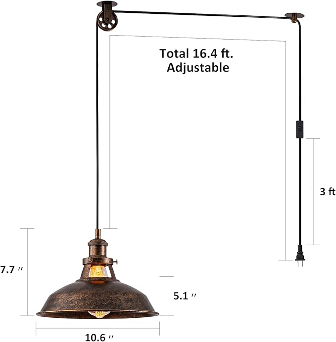 Plug-in Pendant Light with 16FT Cord, Industrial Metal Hanging Lamp with On/Off Switch, Hanging Lights with Plug in Cord for Living Room, Kitchen, Dining Room, Bedroom