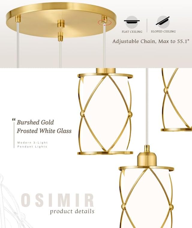 Brushed Gold Pendant Light Fixtures, 3-Light Dining Room Chandeliers with Frosted Glass, Modern Cluster Hanging Pendant Lighting for Kitchen Island Sink Bedroom, CH9176BGW3