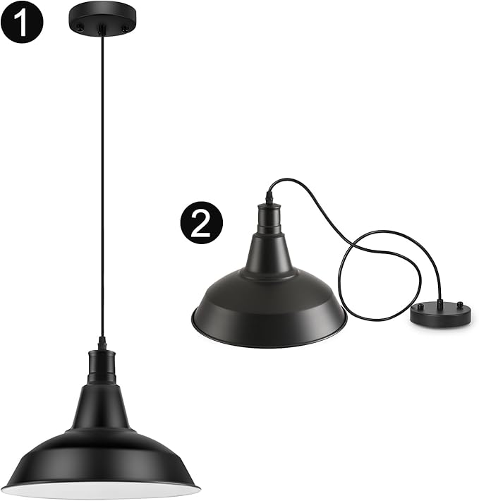 Pendant Light Fixtures, Vintage Farmhouse Hanging Lighting Fixture with Metal Shade, Industrial Barn Lights for Hallway, Kitchen Island, Sink, Dining Room, Living Room, Black, 12.2in