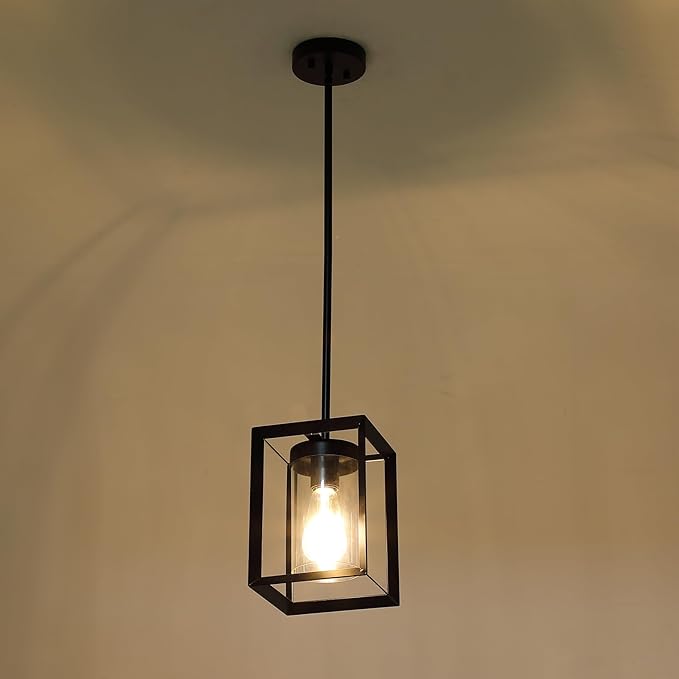 1 Pack Farmhouse Black Kitchen Island Pendant Light Fixture,Height Adjustable Metal Rod Hanging Modern Pendant Lighting with Metal Cage Clear Glass Shade for Entryway Bedroom