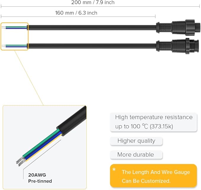 BTF-LIGHTING 4 Pin Electrical Metal nut Connector 20AWG IP67 Male Female Connector 7.87in/20cm Extension Cable for Car,Truck,Boat,Indoor/Outdoor LED Strip Lights/String 22mm Metal Nut Big Size