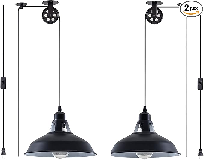 Plug in Pendant Light Industrial Pulley Pendant Lamp E26 Vintage Hanging Light Fixture With 16.4ft Cord On/Off Switch For Pool Table,Houseplant Grow lights,Kitchen Island,Sink 2 Pack Black