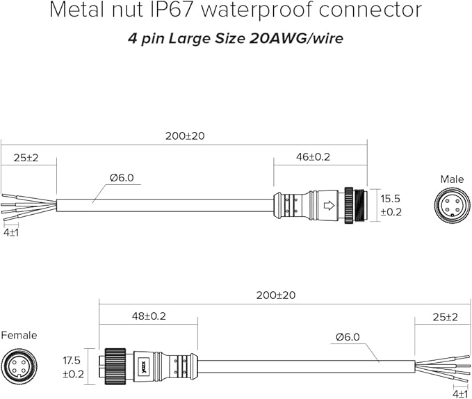 BTF-LIGHTING 4 Pin Electrical Metal nut Connector 20AWG IP67 Male Female Connector 7.87in/20cm Extension Cable for Car,Truck,Boat,Indoor/Outdoor LED Strip Lights/String 22mm Metal Nut Big Size