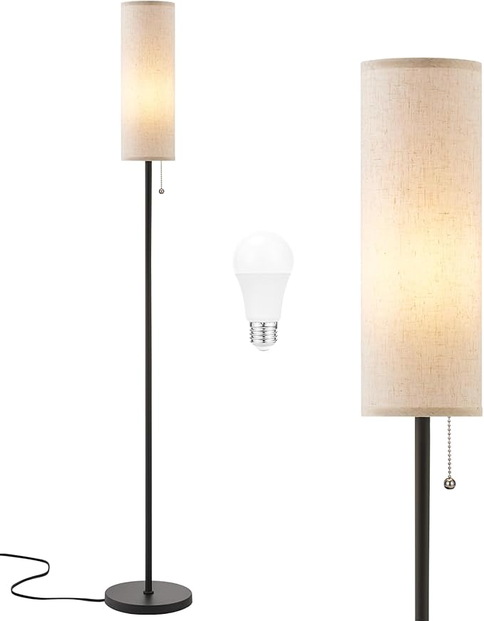Ambimall 64'' Floor Lamp for Living Room with Bulb- Tall Lamps with Beige Lampshade & Pull Chain Switch, Pole Lamps for Bedrooms Tall, Minimalist Floor Lamp