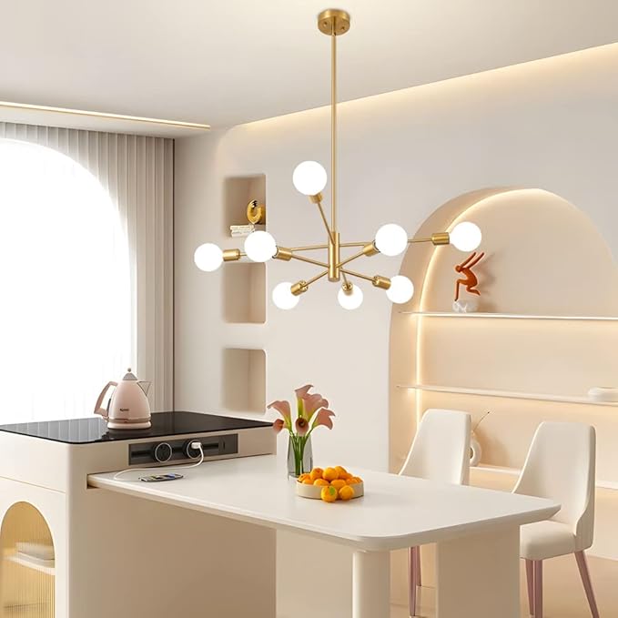 Sputnik Chandelier Modern Gold Chandelier Mid Century Ceiling Lighting Fixtures 8 Lights E26 for Living Room, Kitchen Island, Bedroom, Dining Room, and Farmhouse