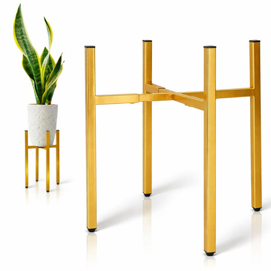 RAINBLELAND Gold Metal Plant Stand for Indoor Plants, Adjustable Heavy Duty Plant Stand Fits 8-14 Inch Pots, Modern Brass Flower Pot Holder with Anti-Scratch Feet, Mid Century Indoor Plant Stand