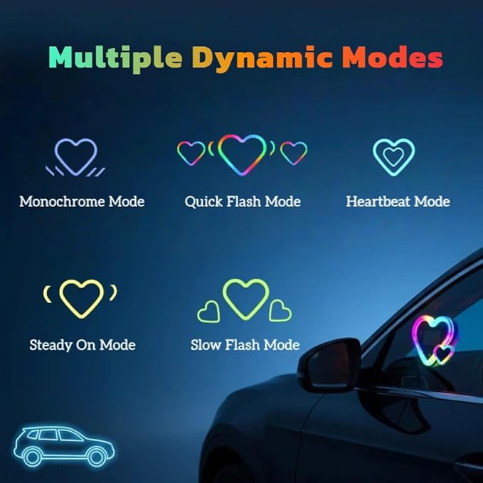 Car LED Ambient Lighting - 7 Colors 8 Modes RGB Solar Powered&USB Charging Two Heart-Shaped Neon Light for Window Car Interior Light Decoration IP65 Waterproof(1Pcs)