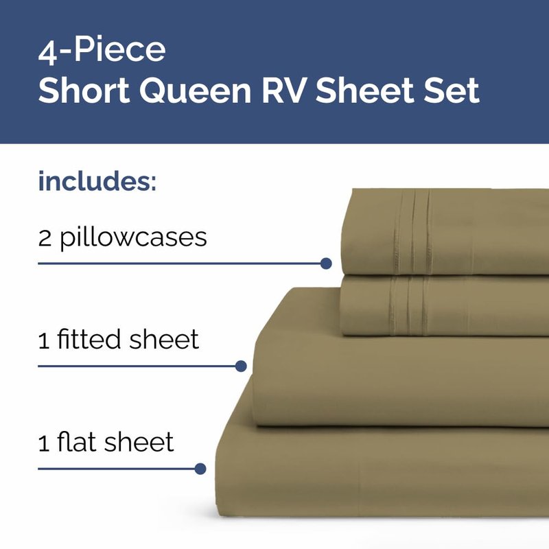 RV Short Queen Sheet Set 60 X 75 - 4 Piece RV Short Queen Bed Sheets - Soft, Breathable & Cooling - Designed for Bunks, Trailers and Campers - Fits 8” to 12" Mattress - Hotel Luxury Bedding - Khaki