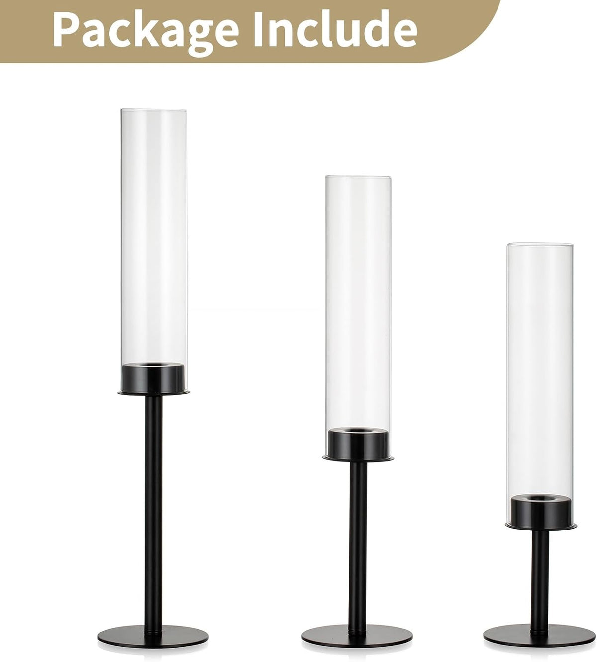 NUPTIO Black Candlestick Holders - Set of 3 Hurricane Taper Holders with Windproof Glass Cover for Elegant Table Decor