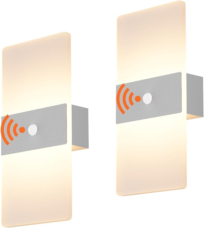 2 Pack Motion Sensor Wall Lights, Morden Silver Decorative LED Indoor Night Light, 3000K Warm Light Battery Operated Wall Sconces for Porch Bedroom Living Room Hallway(Silver)