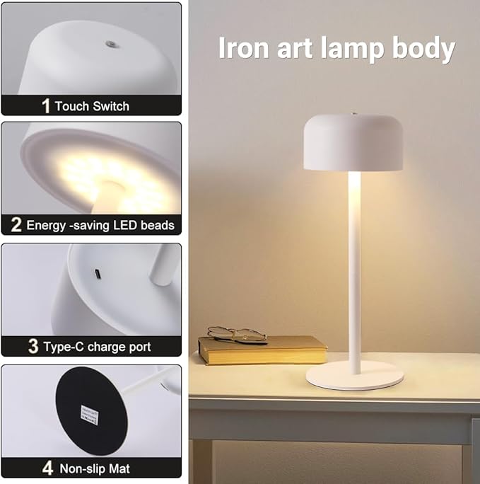 Cordless Table Lamps Set of 2, 6000mAh Rechargeable Battery Powered Lamp, 3 Color Stepless Dimming LED Table Light with Memory Function, Portable Table Light for Outdoor/Indoor/Restaurant (White)