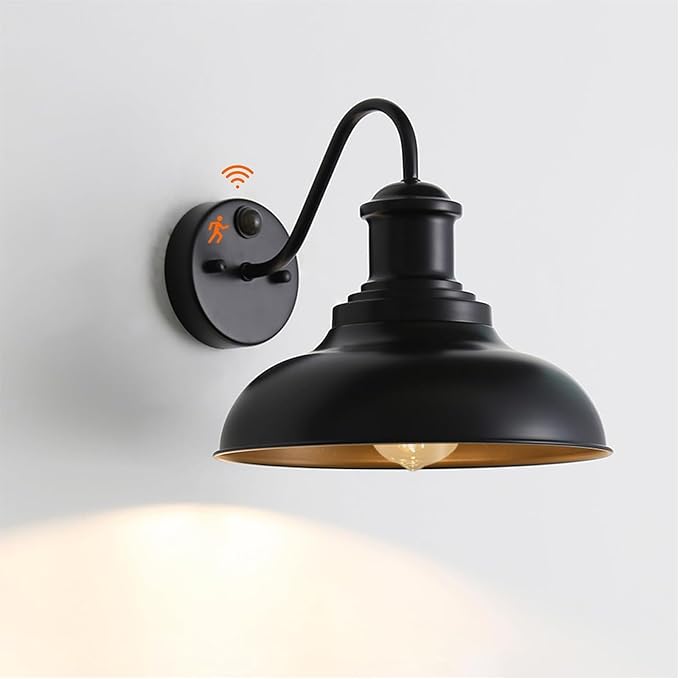 Motion Sensor Outdoor Lights,12“ Large Exterior Farmhouse Wall Mounted Lamp,E26 Barn Lights with Gooseneck,Vintage Matte Black Outside Sconce,Anti-Rust Waterproof Porch Light for House Garage