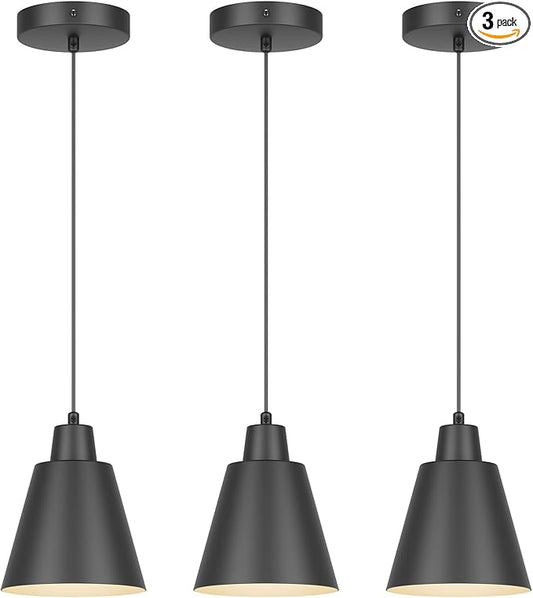 Industrial Pendant Lights, Black Pendant Light Fixtures, Vintage Kitchen Island Light with Black Metal Shade, Farmhouse Pendant Lights for Dinning Table Bedroom Bar - Black, 3 Packs